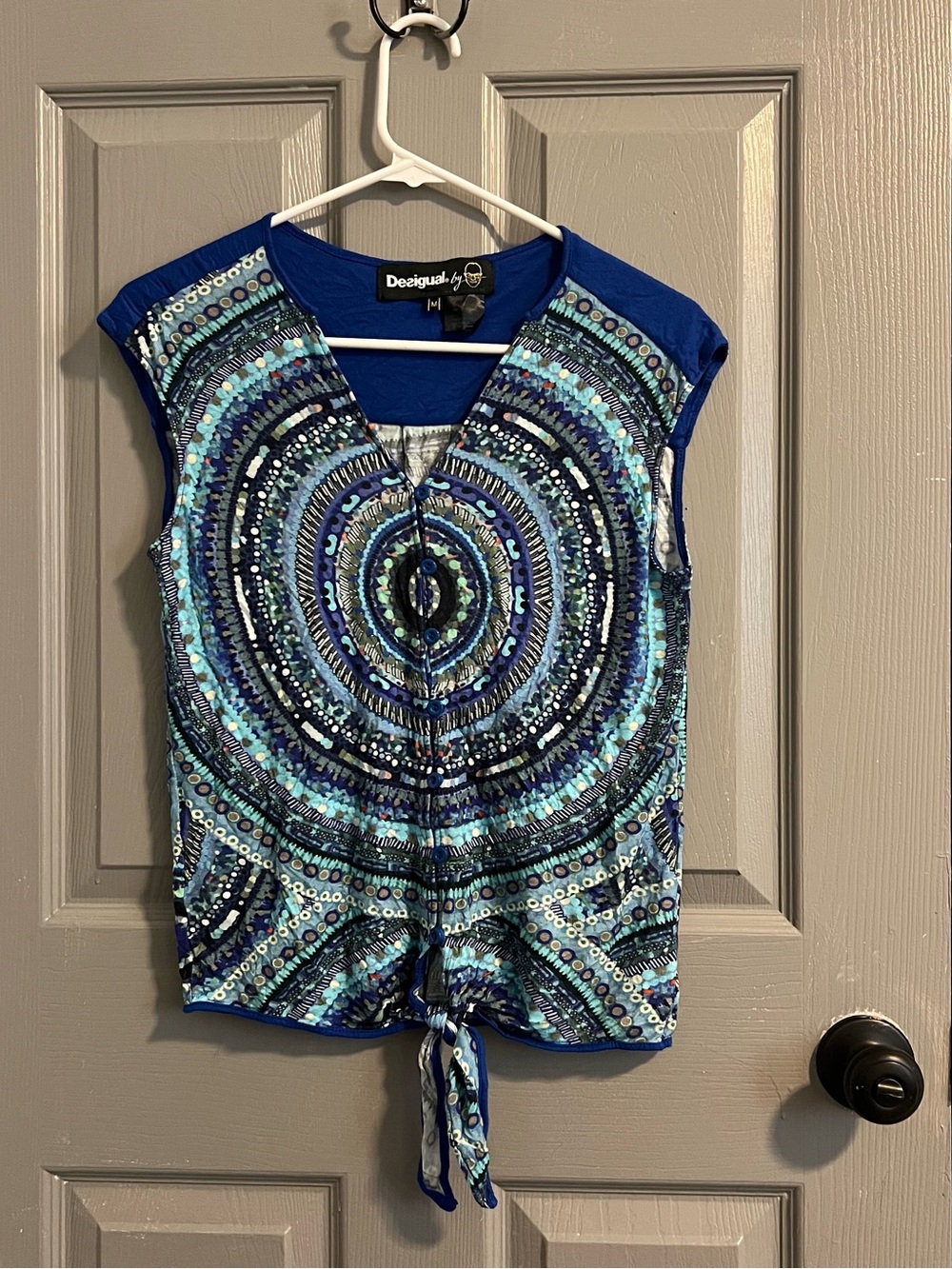 Desigual Blue Patterned Tie-Front Cap Sleeve Top Button front Art Abstract